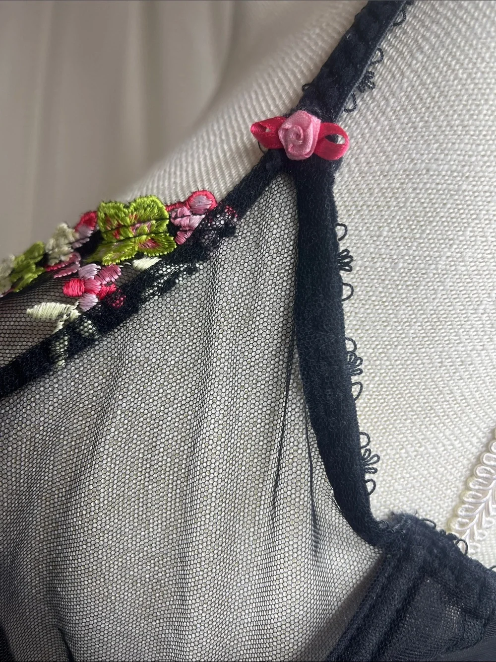 Freya Black Sheer Embroidered Bra & Thong  Set with Pink and Green Accents